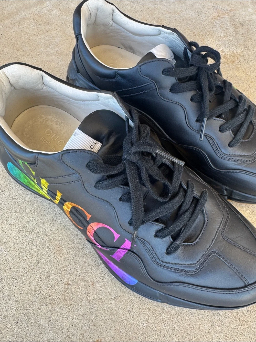 Gucci Black Leather Sneakers with Rainbow Script